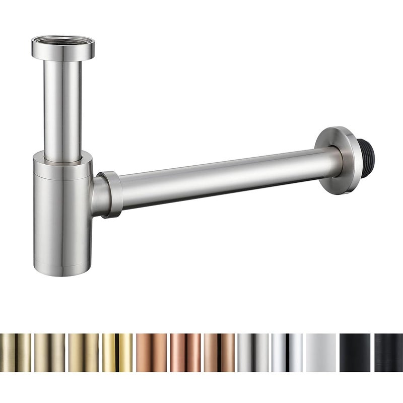 RANDOM Brass Contemporary Round Bottle P Trap 1 1/4,Basin Sink Waste Drain P Trap Kit (Brushed Nickel) - Image 1